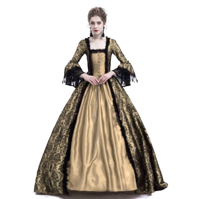 European Retro Court Style Medieval Lace Patchwork Flared Sleeve Dress Cosplay Costumes