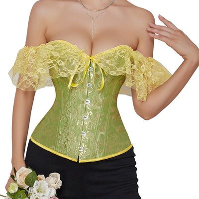 Lace Short Sleeves Corset Women Steampunk Gothic Off Shoulder Bustier Jacquard Overbust Corset