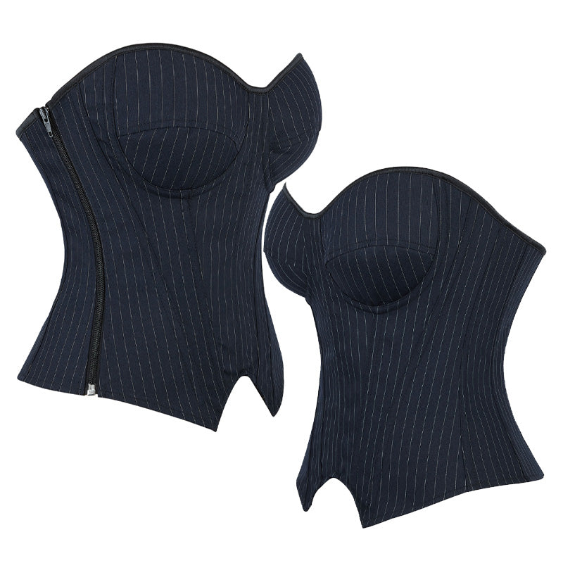 Underwire Bra Cups With Side Zippers Herringbone Striped Suit Fabric Corset Cosplay Costumes
