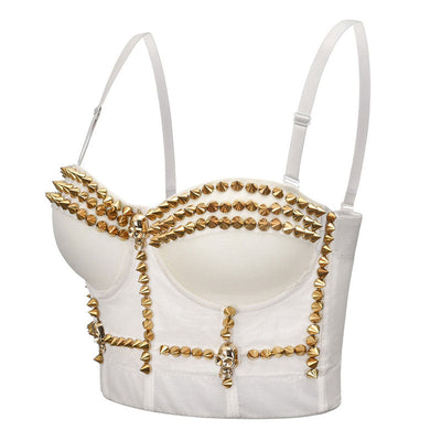Women's Metallic Spike Punk Goth Bra Clubwear Corset Studded bustier silver one piece strapless