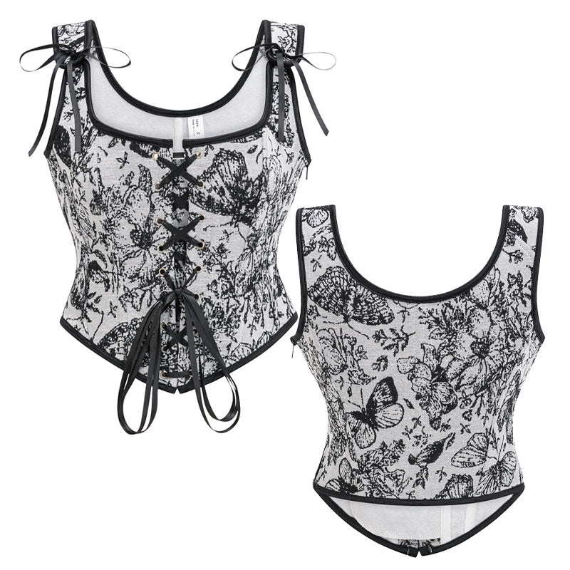 Womens Vintage Floral Print Underbust Corset Tops Vintage Boned Corset Belt Corset Vest