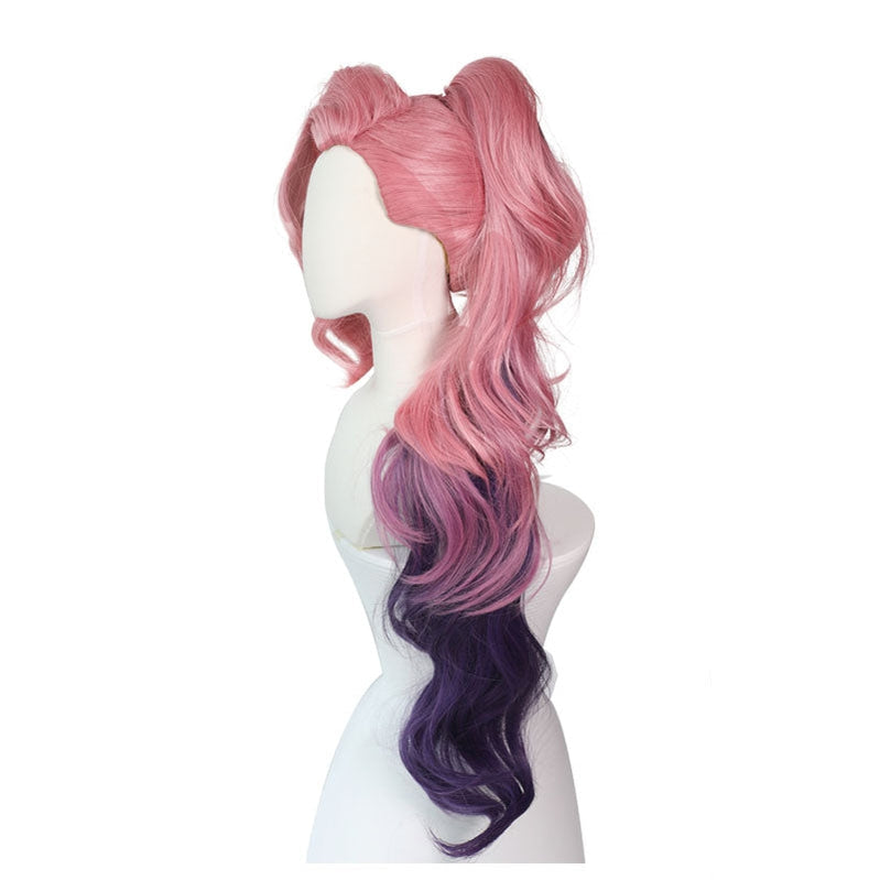 LOL Seraphine Cosplay Wig 100cm Long Ponytail Pink Gradient Purple Wavy Wigs