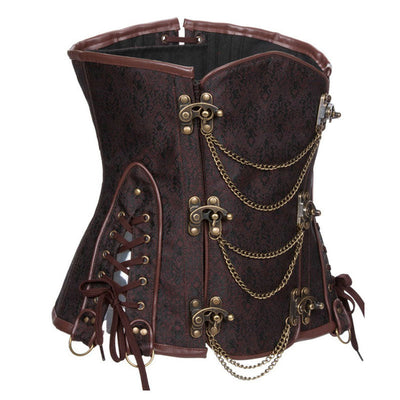 Women's Gothic Punk Satin Boned Overbust Corset Top with Buckles Front Zipper Lace Up Back