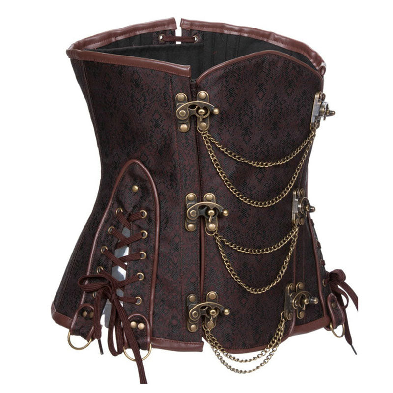 Women's Gothic Punk Satin Boned Overbust Corset Top with Buckles Front Zipper Lace Up Back