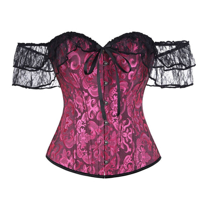 Lace Short Sleeves Corset Women Steampunk Gothic Off Shoulder Bustier Jacquard Overbust Corset