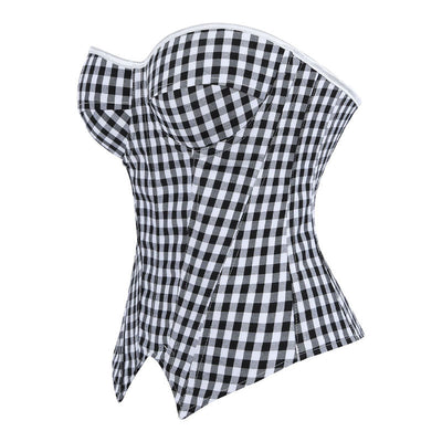 Black White Plaid Strapless Women's Bustier Corset Boned Palace Style Waist-Cinching Shapewear