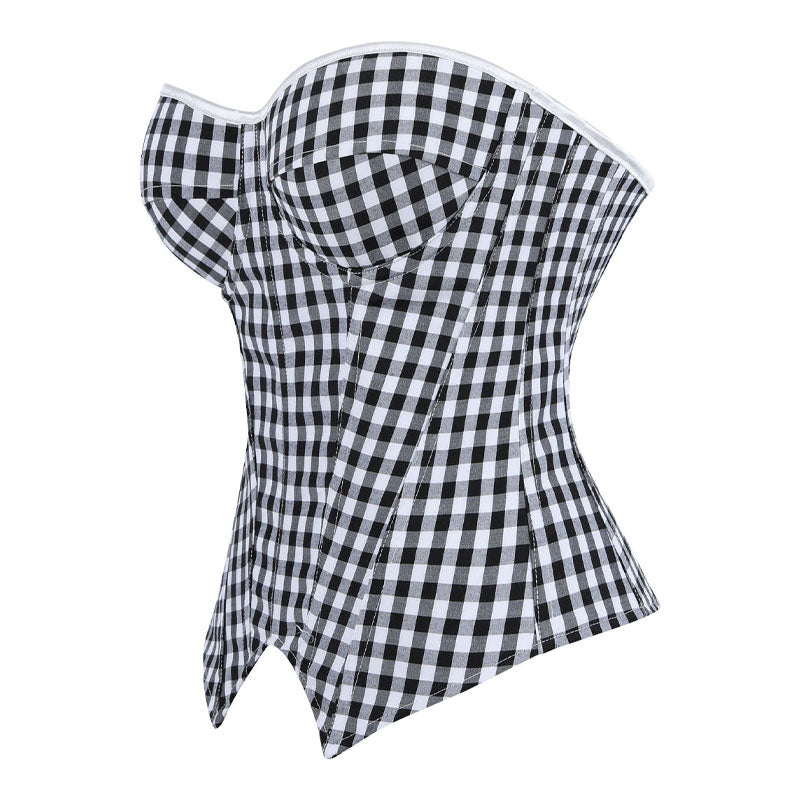 Black White Plaid Strapless Women's Bustier Corset Boned Palace Style Waist-Cinching Shapewear