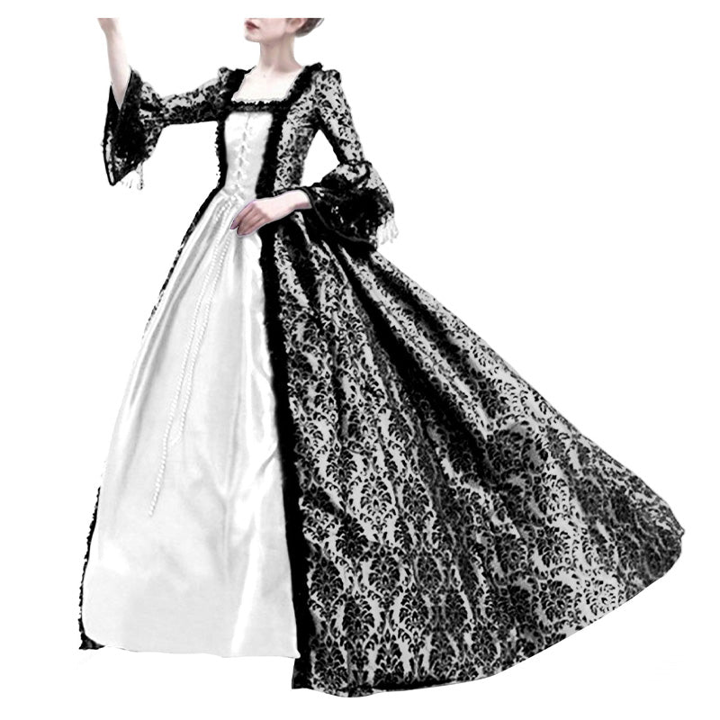 European Retro Court Style Medieval Lace Patchwork Flared Sleeve Dress Cosplay Costumes