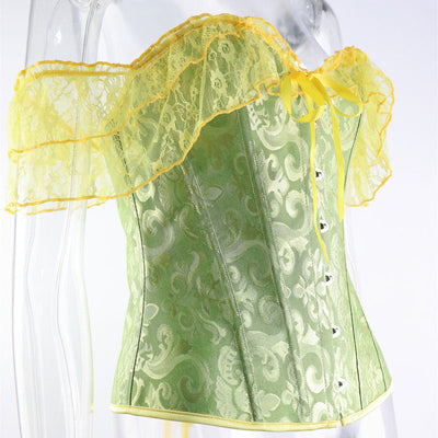 Lace Short Sleeves Corset Women Steampunk Gothic Off Shoulder Bustier Jacquard Overbust Corset
