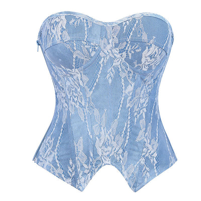 Women Sexy Blue Retro Denim Overbust Corset Gothic Strapless Retro Corsets Waist Cincher Bustier Sexy Lingerie Top