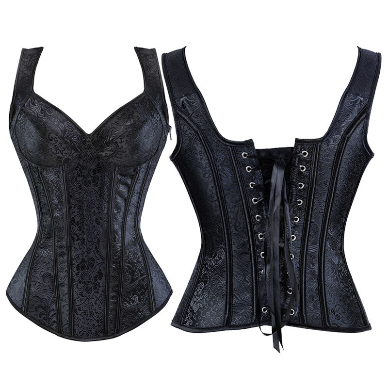 Women's Jacquard Shoulder Straps Corset Tops Lace Up Overbust Bustier Renaissance Court Push Up Crop Tops Waist Cincher