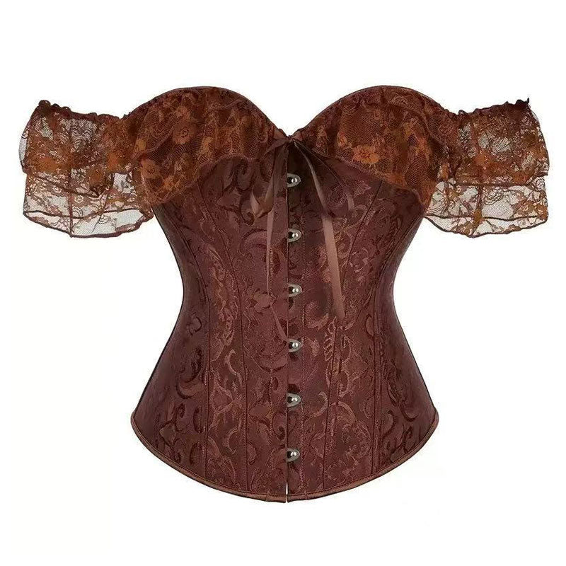 Lace Short Sleeves Corset Women Steampunk Gothic Off Shoulder Bustier Jacquard Overbust Corset