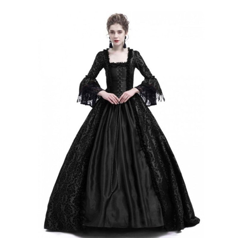 European Retro Court Style Medieval Lace Patchwork Flared Sleeve Dress Cosplay Costumes