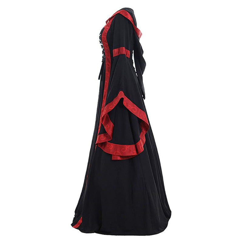 European Retro Medieval Square Neck Hooded Bell Sleeve Full Skirt Cosplay Costumes