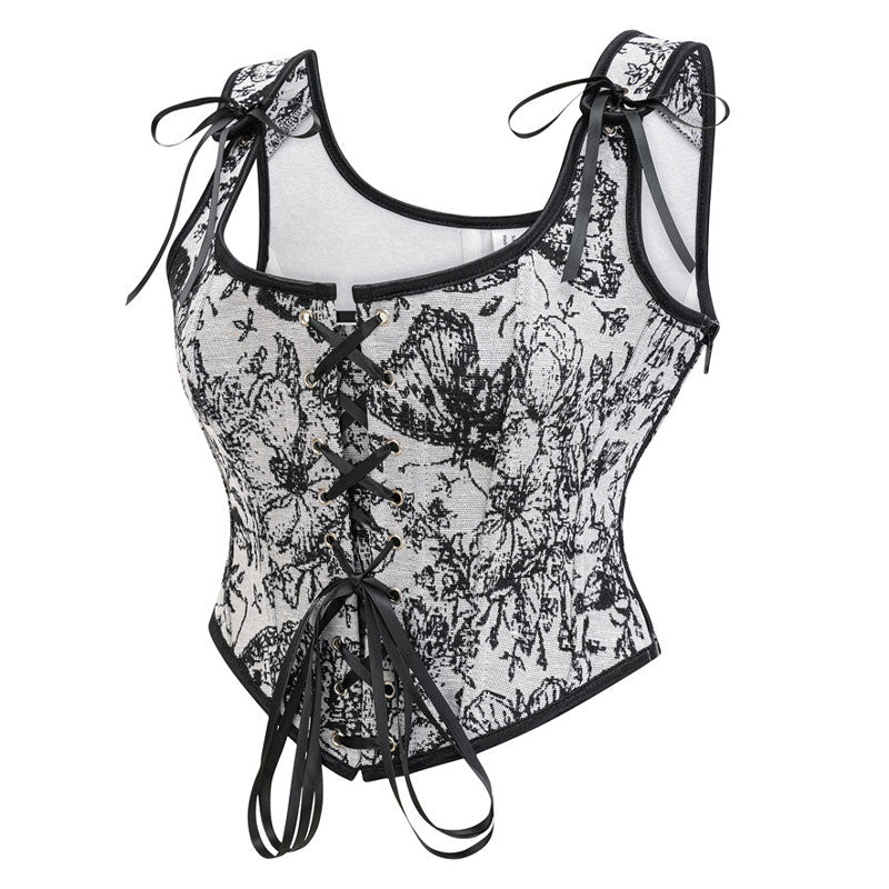 Womens Vintage Floral Print Underbust Corset Tops Vintage Boned Corset Belt Corset Vest