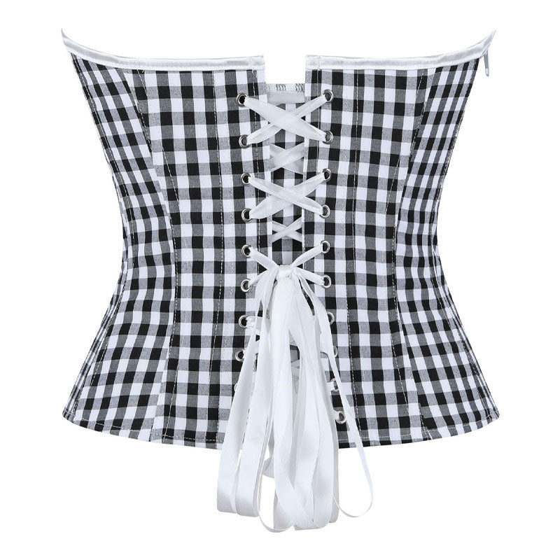 Black White Plaid Strapless Women's Bustier Corset Boned Palace Style Waist-Cinching Shapewear