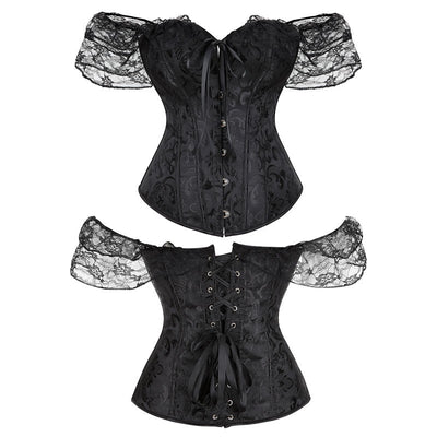 Lace Short Sleeves Corset Women Steampunk Gothic Off Shoulder Bustier Jacquard Overbust Corset