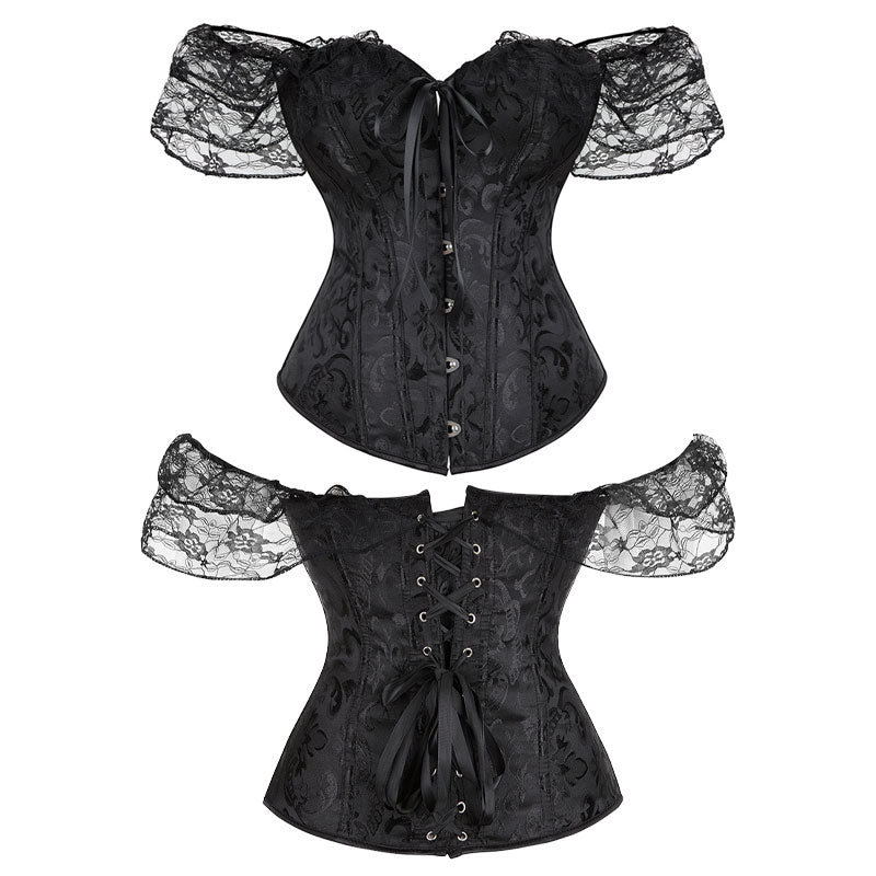 Lace Short Sleeves Corset Women Steampunk Gothic Off Shoulder Bustier Jacquard Overbust Corset