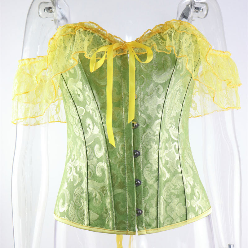 Lace Short Sleeves Corset Women Steampunk Gothic Off Shoulder Bustier Jacquard Overbust Corset