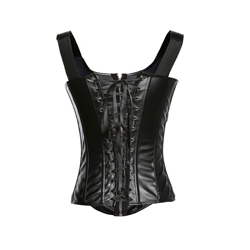 Women's Steampunk Faux Leather Bustier Halter Shoulder Straps Underbust Corset Top