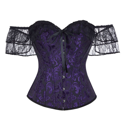 Lace Short Sleeves Corset Women Steampunk Gothic Off Shoulder Bustier Jacquard Overbust Corset