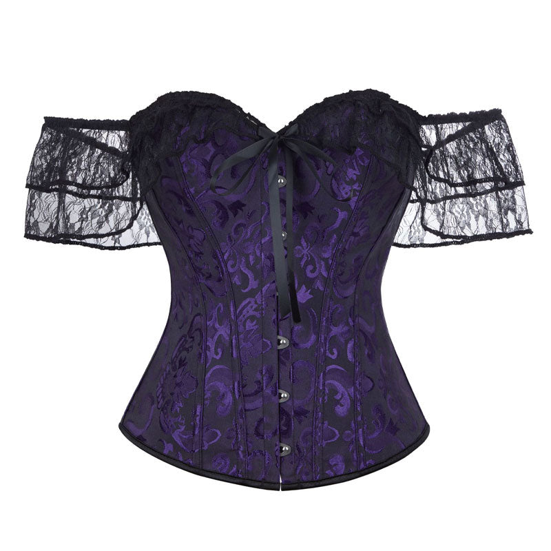 Lace Short Sleeves Corset Women Steampunk Gothic Off Shoulder Bustier Jacquard Overbust Corset