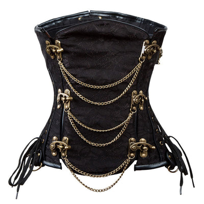 Women's Gothic Punk Satin Boned Overbust Corset Top with Buckles Front Zipper Lace Up Back