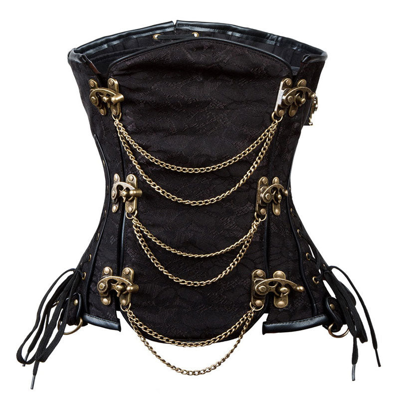 Women's Gothic Punk Satin Boned Overbust Corset Top with Buckles Front Zipper Lace Up Back