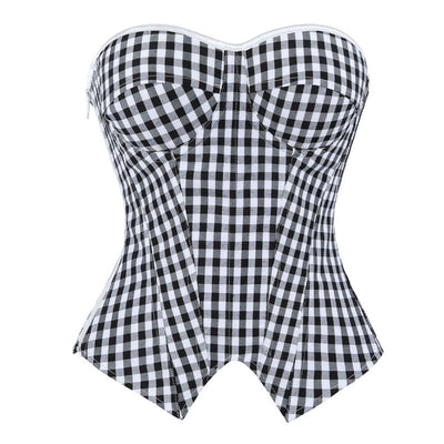 Black White Plaid Strapless Women's Bustier Corset Boned Palace Style Waist-Cinching Shapewear