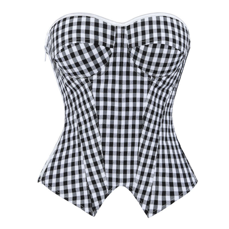 Black White Plaid Strapless Women's Bustier Corset Boned Palace Style Waist-Cinching Shapewear