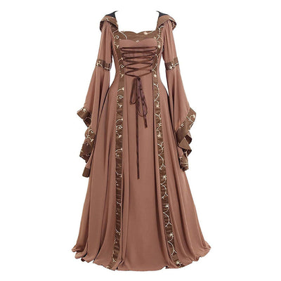 European Retro Medieval Square Neck Hooded Bell Sleeve Full Skirt Cosplay Costumes