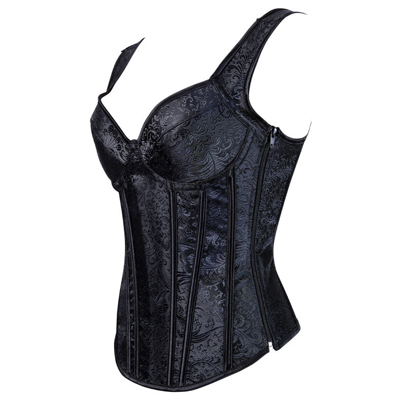 Women's Jacquard Shoulder Straps Corset Tops Lace Up Overbust Bustier Renaissance Court Push Up Crop Tops Waist Cincher