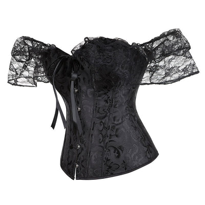 Lace Short Sleeves Corset Women Steampunk Gothic Off Shoulder Bustier Jacquard Overbust Corset