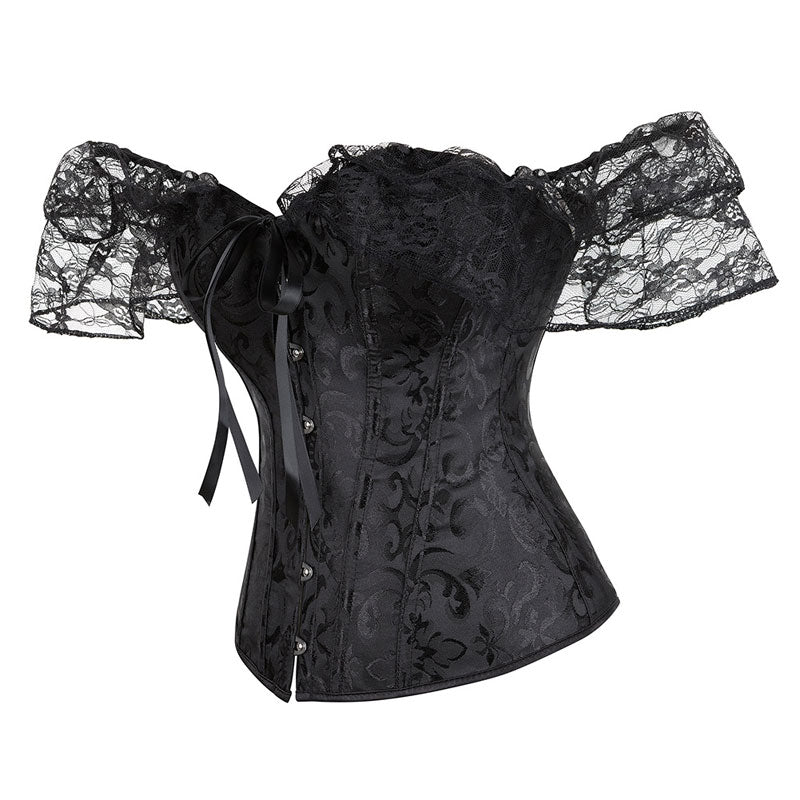 Lace Short Sleeves Corset Women Steampunk Gothic Off Shoulder Bustier Jacquard Overbust Corset