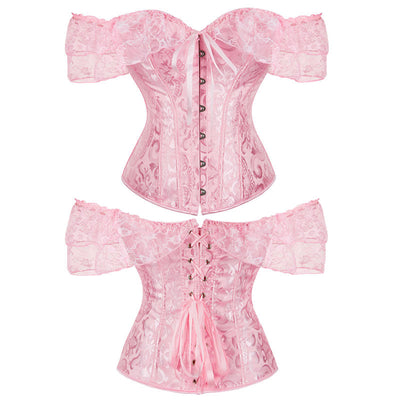 Lace Short Sleeves Corset Women Steampunk Gothic Off Shoulder Bustier Jacquard Overbust Corset