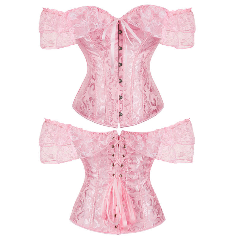 Lace Short Sleeves Corset Women Steampunk Gothic Off Shoulder Bustier Jacquard Overbust Corset