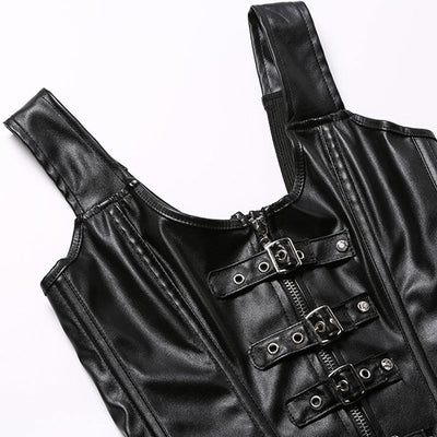 Women's Steampunk Faux Leather Bustier Halter Shoulder Straps Underbust Corset Top