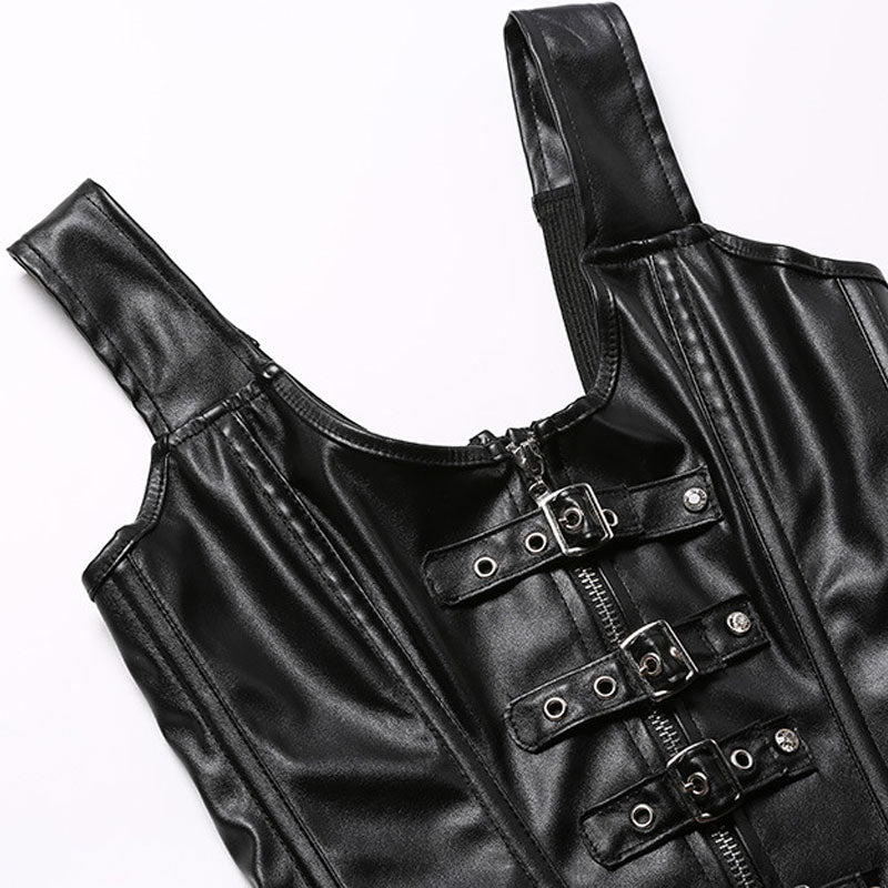Women's Steampunk Faux Leather Bustier Halter Shoulder Straps Underbust Corset Top