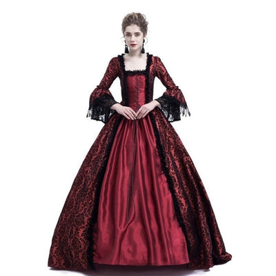 European Retro Court Style Medieval Lace Patchwork Flared Sleeve Dress Cosplay Costumes