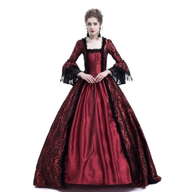 European Retro Court Style Medieval Lace Patchwork Flared Sleeve Dress Cosplay Costumes