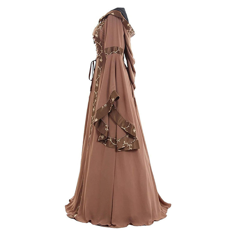 European Retro Medieval Square Neck Hooded Bell Sleeve Full Skirt Cosplay Costumes