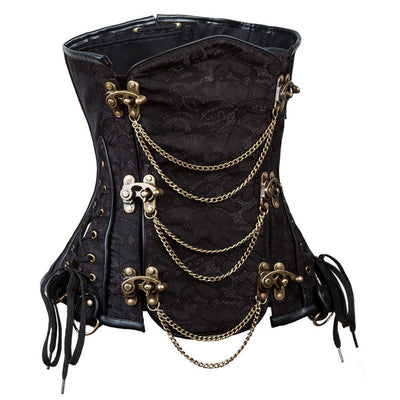 Women's Gothic Punk Satin Boned Overbust Corset Top with Buckles Front Zipper Lace Up Back