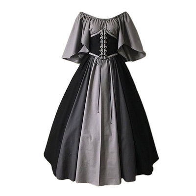 European Medieval Retro Contrast Color Waist Long Swing Dress Cosplay Costumes
