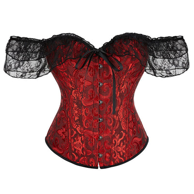 Lace Short Sleeves Corset Women Steampunk Gothic Off Shoulder Bustier Jacquard Overbust Corset