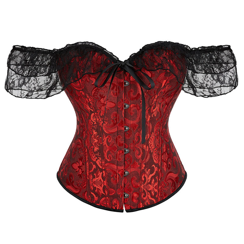 Lace Short Sleeves Corset Women Steampunk Gothic Off Shoulder Bustier Jacquard Overbust Corset