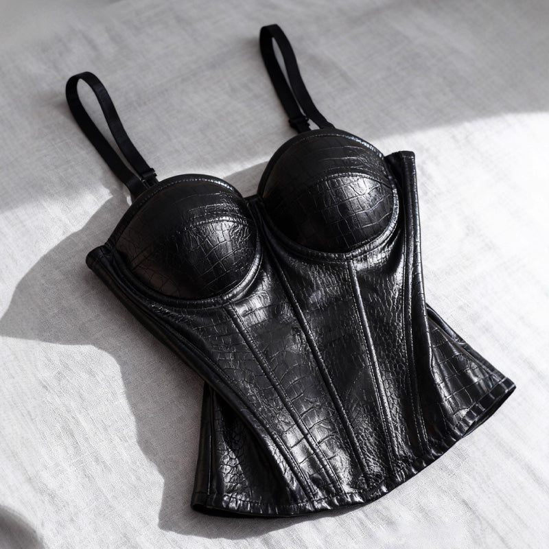 European Retro Strapless Underwire Bra PU Leather Bra Camisole Cosplay Costumes