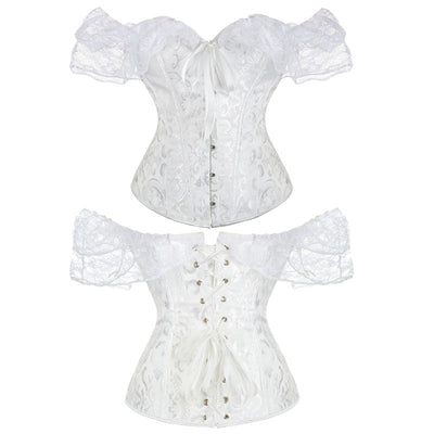 Lace Short Sleeves Corset Women Steampunk Gothic Off Shoulder Bustier Jacquard Overbust Corset