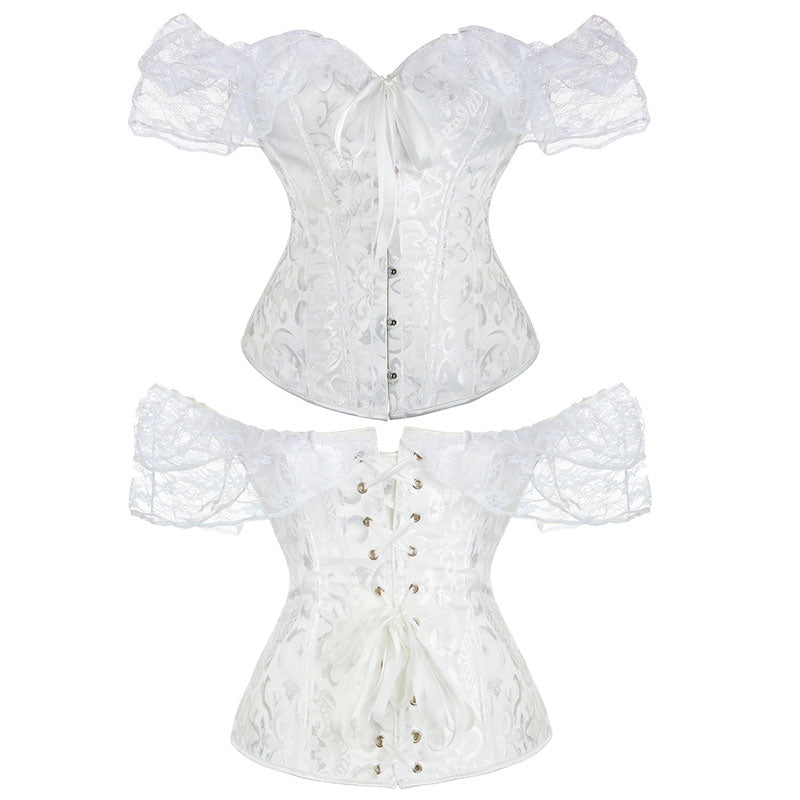 Lace Short Sleeves Corset Women Steampunk Gothic Off Shoulder Bustier Jacquard Overbust Corset