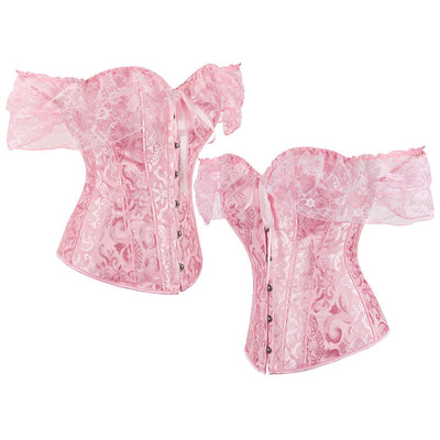 Lace Short Sleeves Corset Women Steampunk Gothic Off Shoulder Bustier Jacquard Overbust Corset