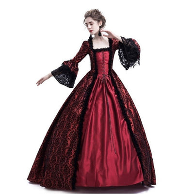 European Retro Court Style Medieval Lace Patchwork Flared Sleeve Dress Cosplay Costumes